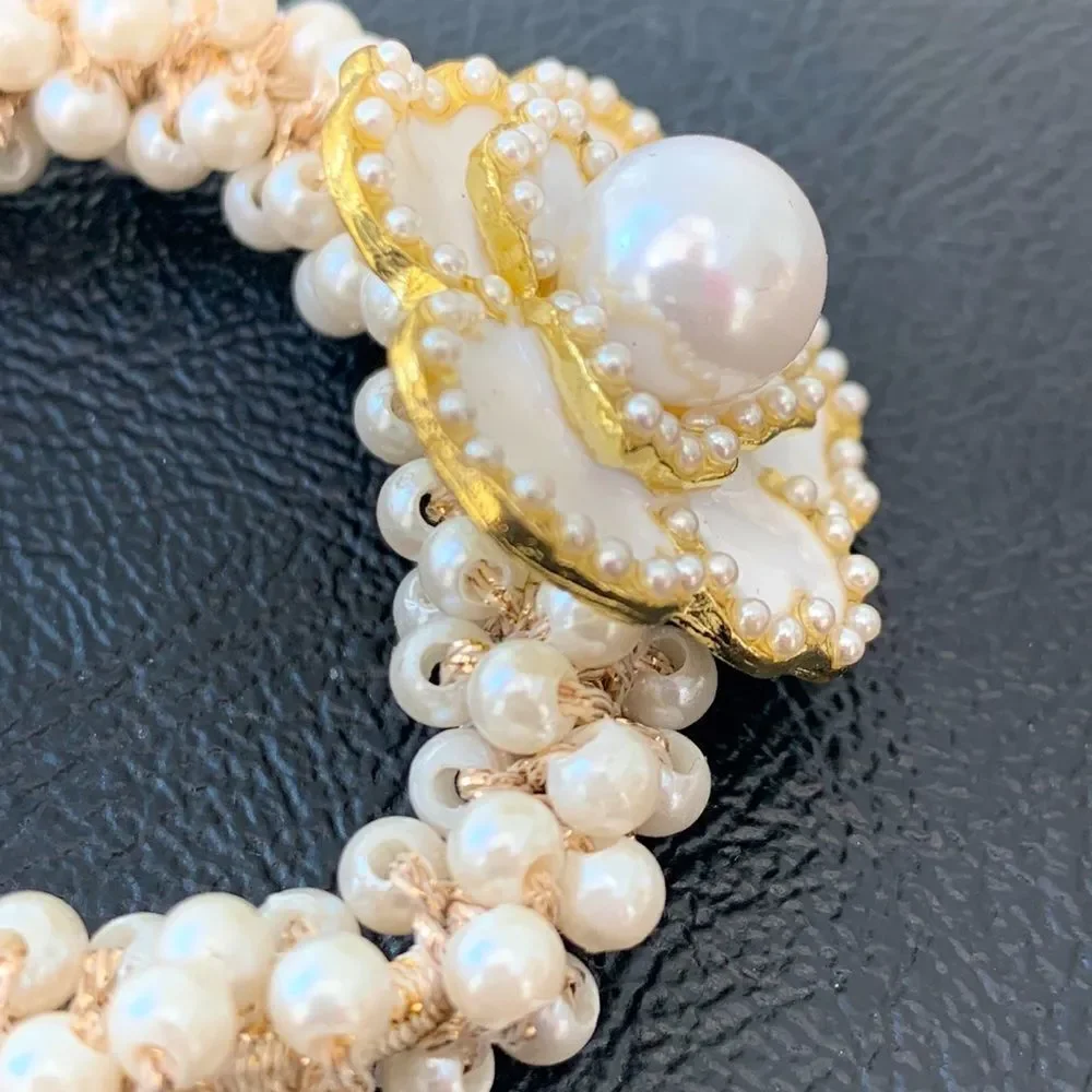 Camellia Flower Hair Tie with Faux Pearls – White Enamel & Golden Charm